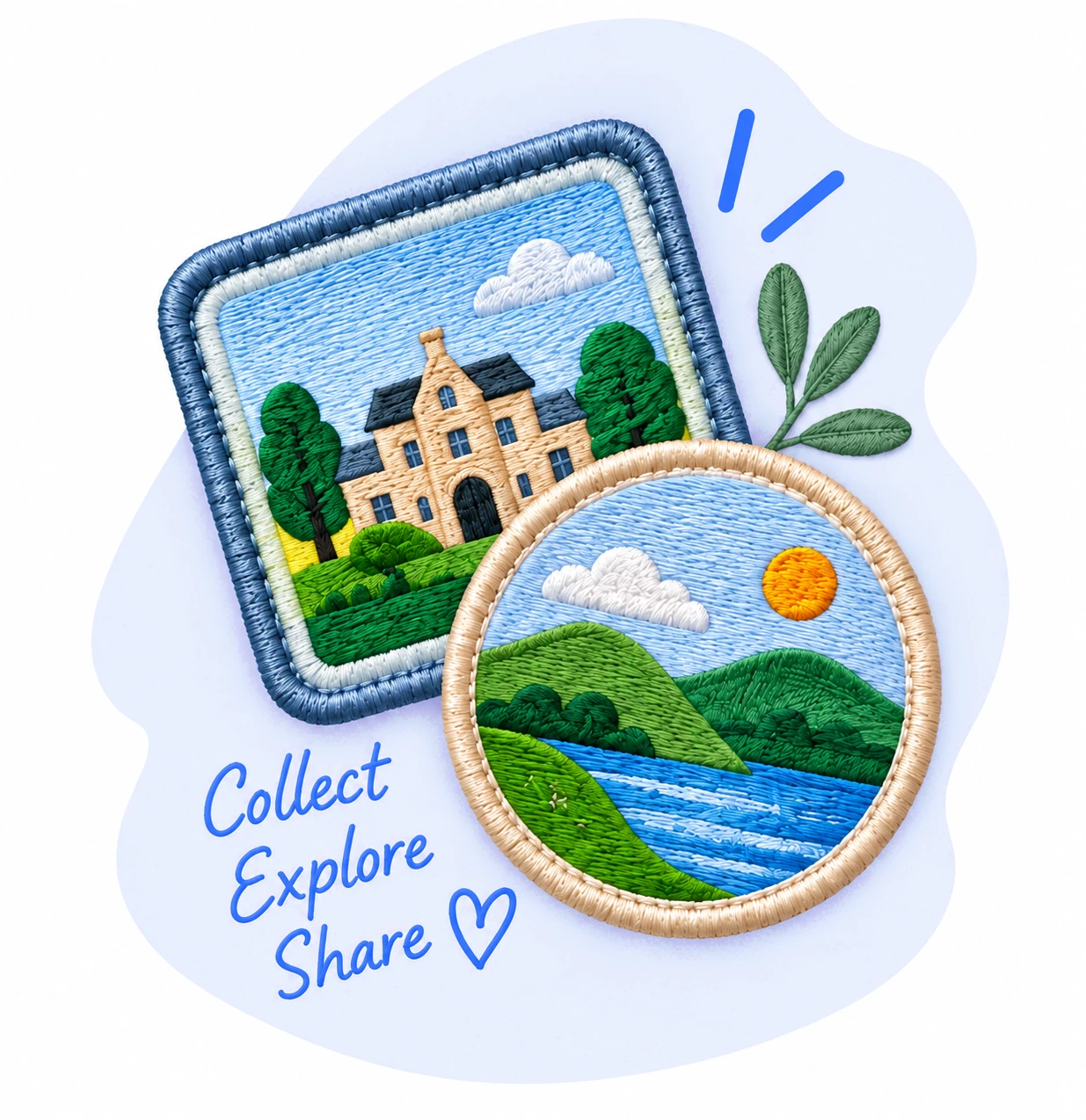 Embroidered patches showing a manor house and a river through green hills