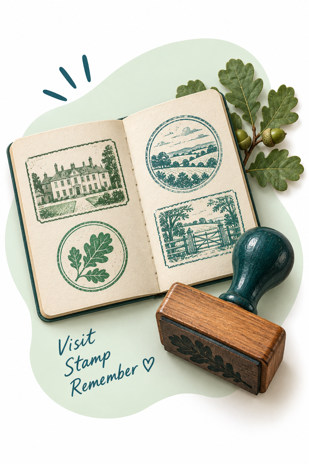 An open visitor passport with souvenir stamps and a wooden rubber stamp