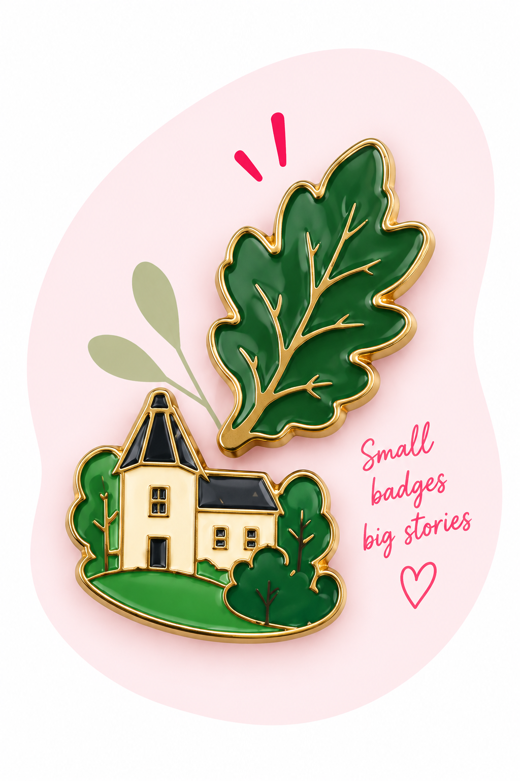 Gold-edged enamel pins showing an oak leaf and a manor house
